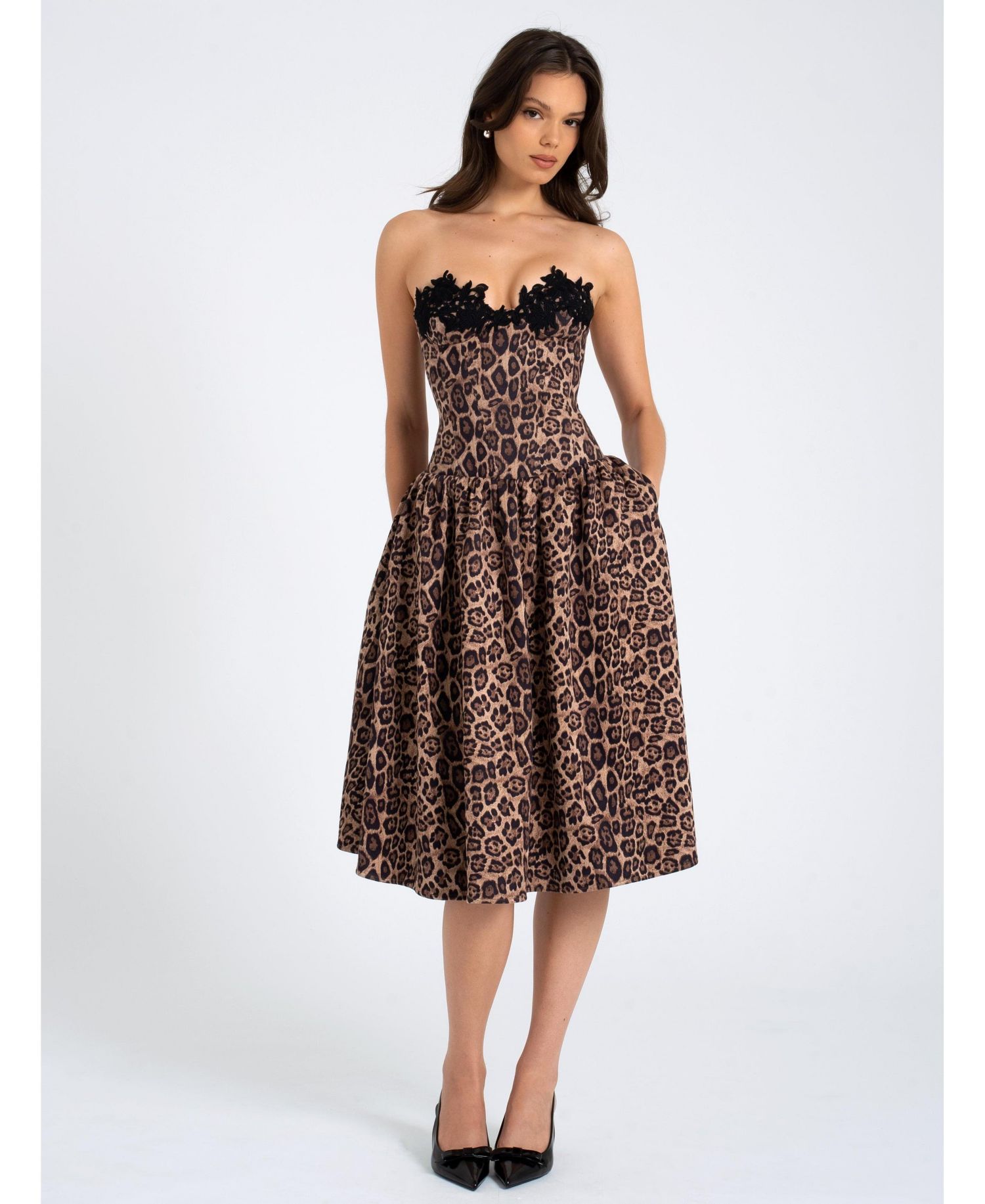 Women Uchenna Cheetah Print Stretchy Strapless Midi Dress with lace trim
