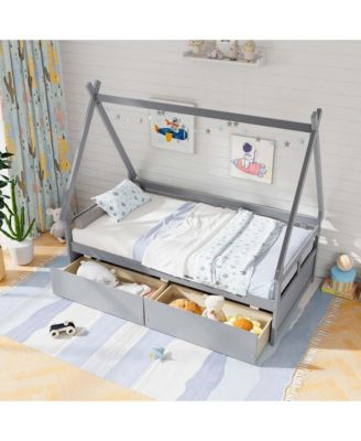 Twin Size House Bed with Roof Safety Guardrail 2 Storage Drawers Wood Slat Support