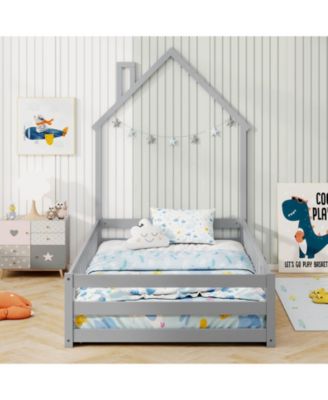 Twin Size Montessori Floor Bed for Toddler with Lockable Door Full-Length Guardrail