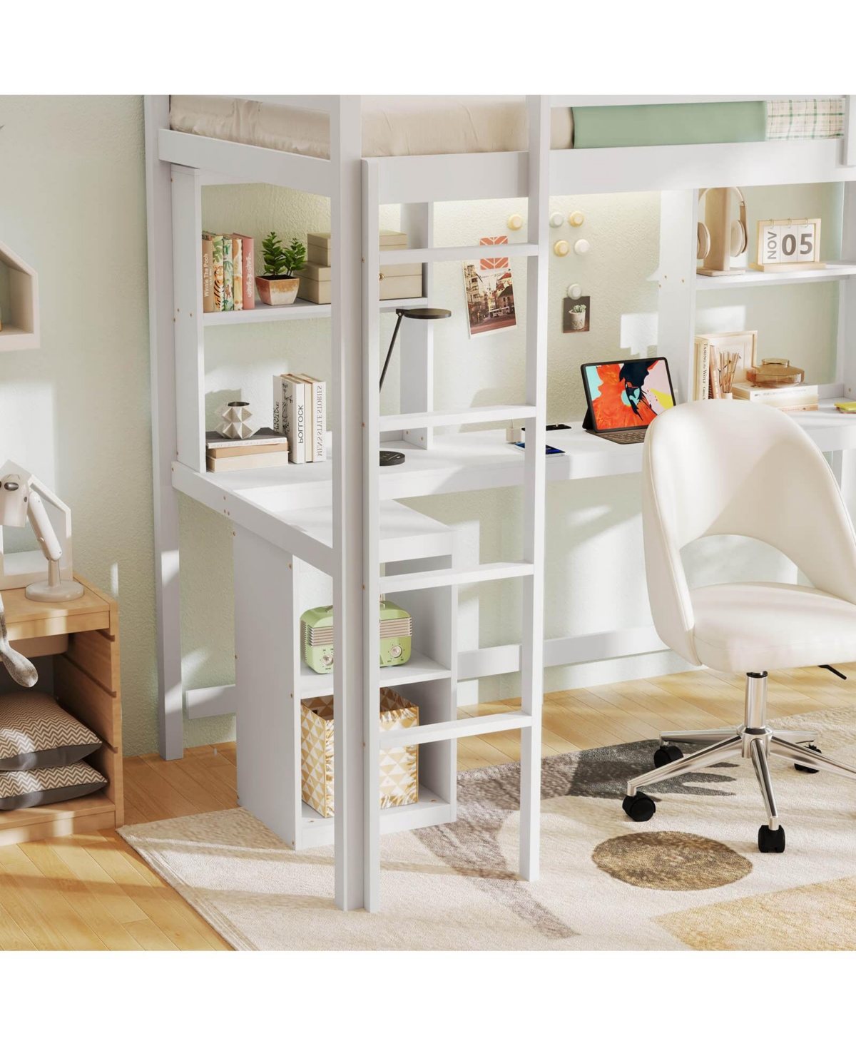 Costway Twin Loft Bed with Led Light & Power Outlet Desk Storage Shelves & Cabinet