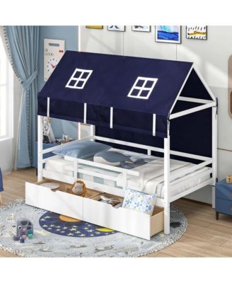 Twin House Bed Solid Wood Playhouse Bed Low Loft Bed with Tent 2 Storage Drawers