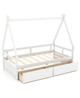 Twin Size House Bed with Roof Safety Guardrail 2 Storage Drawers Wood Slat Support