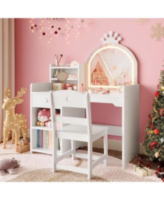 Kids Vanity Lighted Mirror - 2 in 1 Princess Vanity Set Toddler Vanity Table and Chair Set for Bedrooms, Apartments