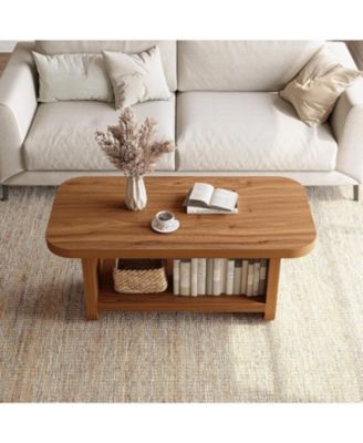 47-Inch 2-Tier Coffee Table with Storage and Safe Rounded Corners Farmhouse Style