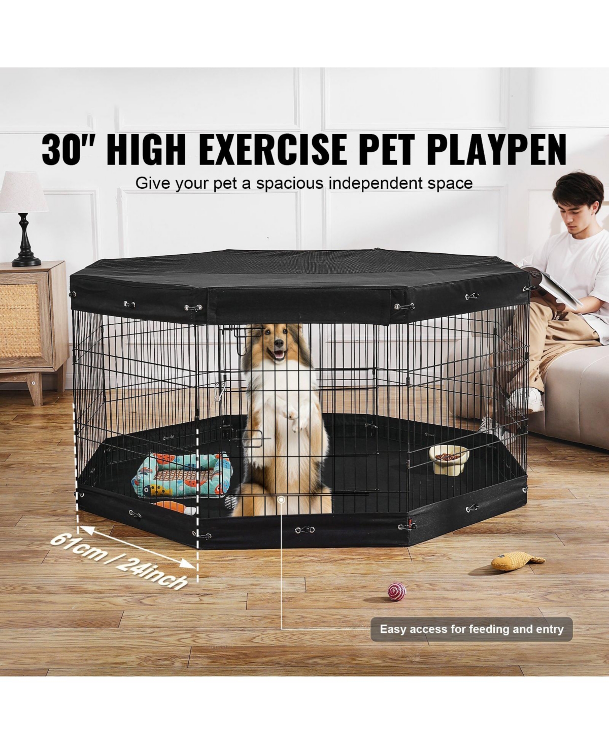 Cozito Dog Playpen, 8-Panel 30"H x 24"W Foldable Metal Exercise Pen w/ Door, Top Cover & Bottom Pad, Indoor/Outdoor Pet Fence