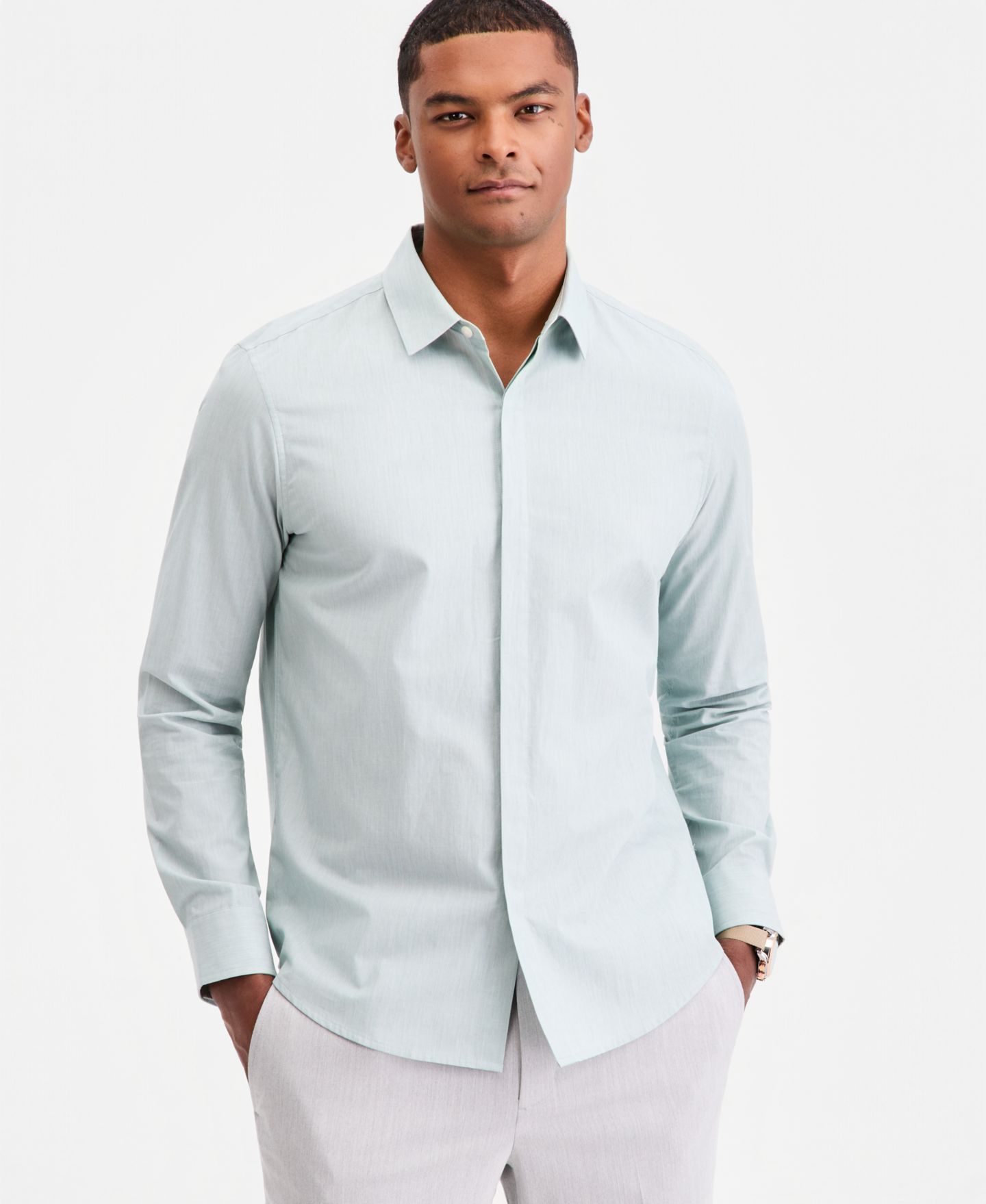 Мужская рубашка Alfani Aflani Luke Cotton Long-Sleeve Button, цвет: Состаренный шалфейный — фото 1