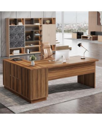 70.8-Inch Fluted Executive Desk with File Cabinet, L-Shaped Office Desk with Storage Shelves, Large Modern Computer Desk