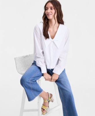 Women's Lace Trim Sailor Collar Long-Sleeve Blouse