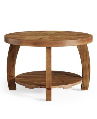 Solid Wood Round Coffee Table, 2-Tier Center Table with Storage, 31.5 Inch Wood Tabletop with Mosaic Pattern, Easy Assembly