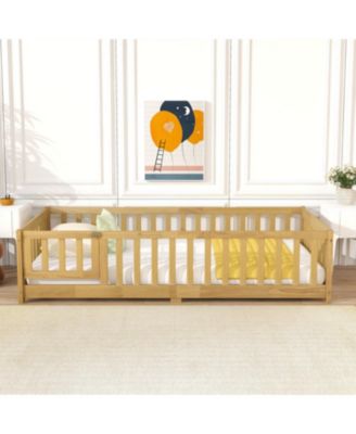 Twin Floor Bed with Fence & Door Natural Wood