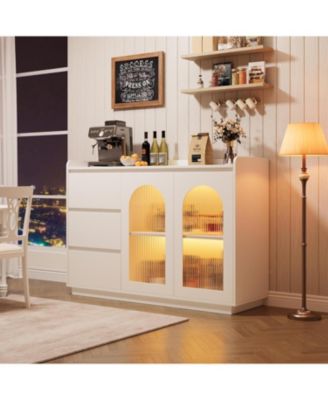 Sideboard Buffet Cabinet with Glass Door, Modern Storage Cabinet with Led Lights, 3 Drawers and Adjustable Shelves