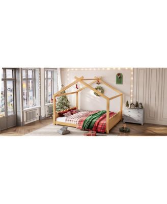 Streamdale Queen House Floor Bed with Solid Wood Frame for Kids, Natural