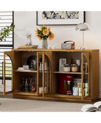 Natural Wood 4-Door Sideboard Buffet with Glass Doors & Adjustable Shelves