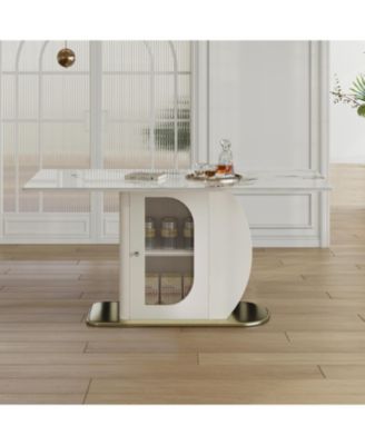 63" Modern Dining Table w/ Storage, Sintered Stone Top, Golden Wood Base