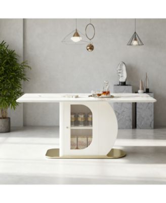 63" Modern Dining Table w/ Storage, Sintered Stone Top, Golden Wood Base