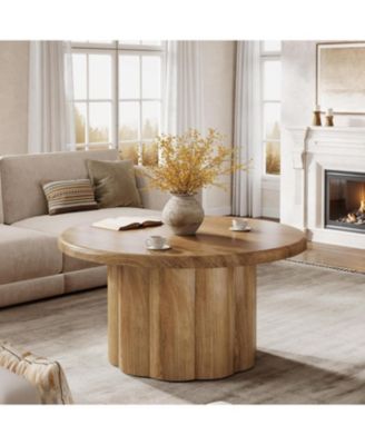 31.5" Round Coffee Table for Living Room, Farmhouse Circle Center Cocktail Table with Fluted Drum Base, Wooden Living Room Furniture