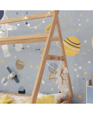 Twin House Bed with Light, Low Floor, Fence, Roof for Kids Boys Girls