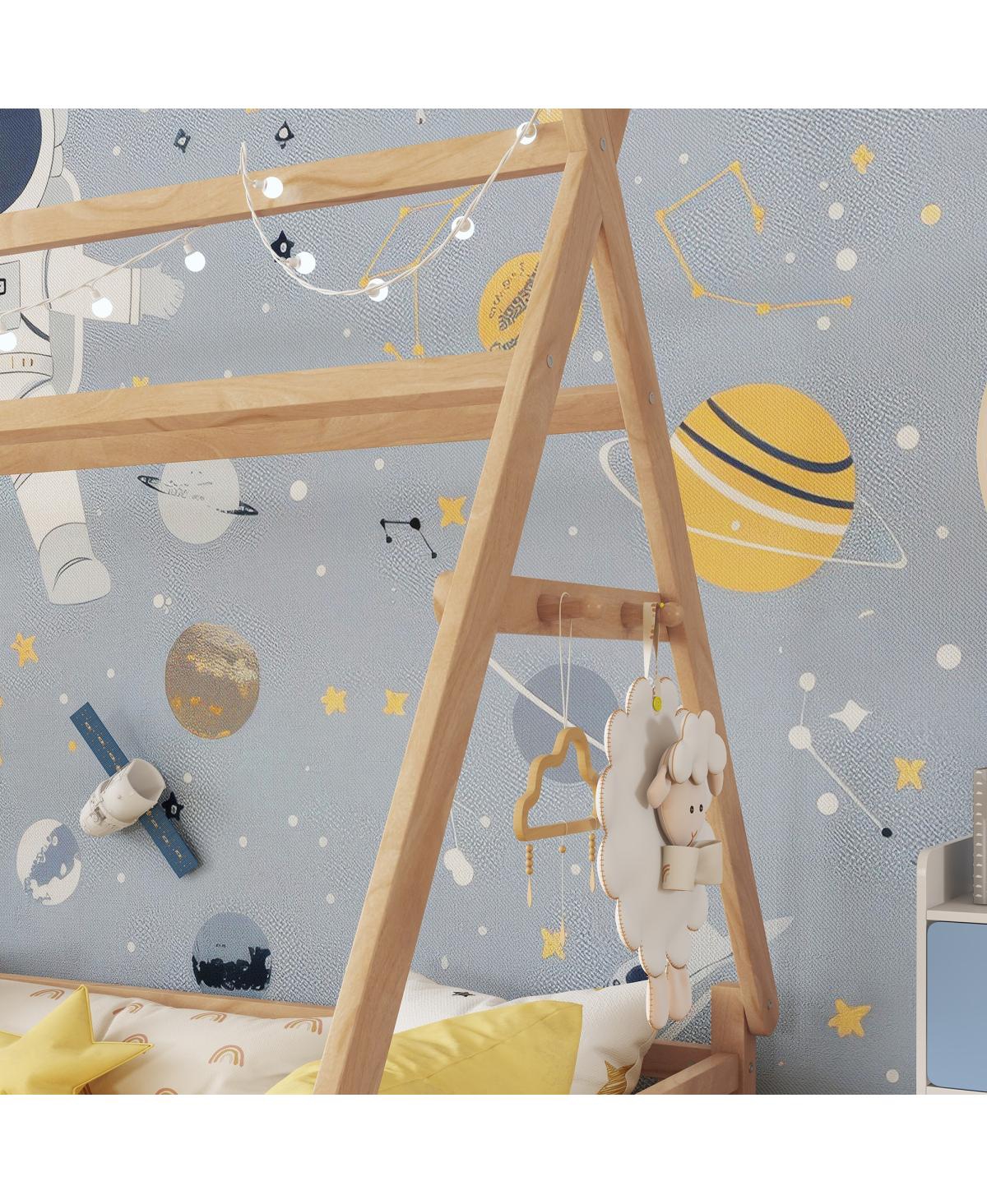 Draft - Streamdale Furniture Streamdale Twin House Bed with Light, Low Floor, Fence, Roof for Kids Boys Girls