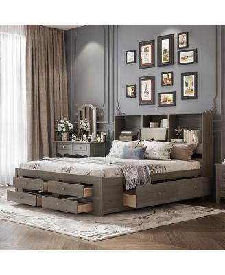 King Size Platform Bed with Storage Headboard and 8 Drawers