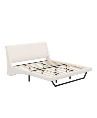 King Size White PU Leather Upholstered Platform Bed Frame, No Box Spring Needed