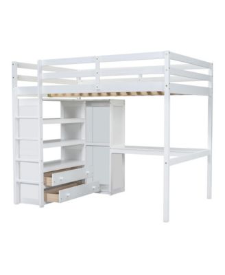 Wood Full Size Loft Bed with Built-in Wardrobe, Desk, Storage Shelves and Drawers