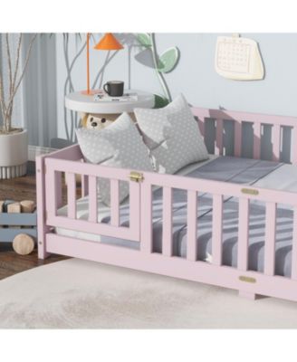 Rubberwood, Engineered wood Full Size Floor Bed with Fence & Door