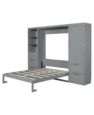 Queen Size Murphy Bed Wall Bed with Closet, Drawers and Shelves, Gray