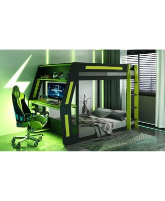 Full-Size Gaming Bunk Bed with RGB Desk, USB Ports, LED Strip & Cable Grommet