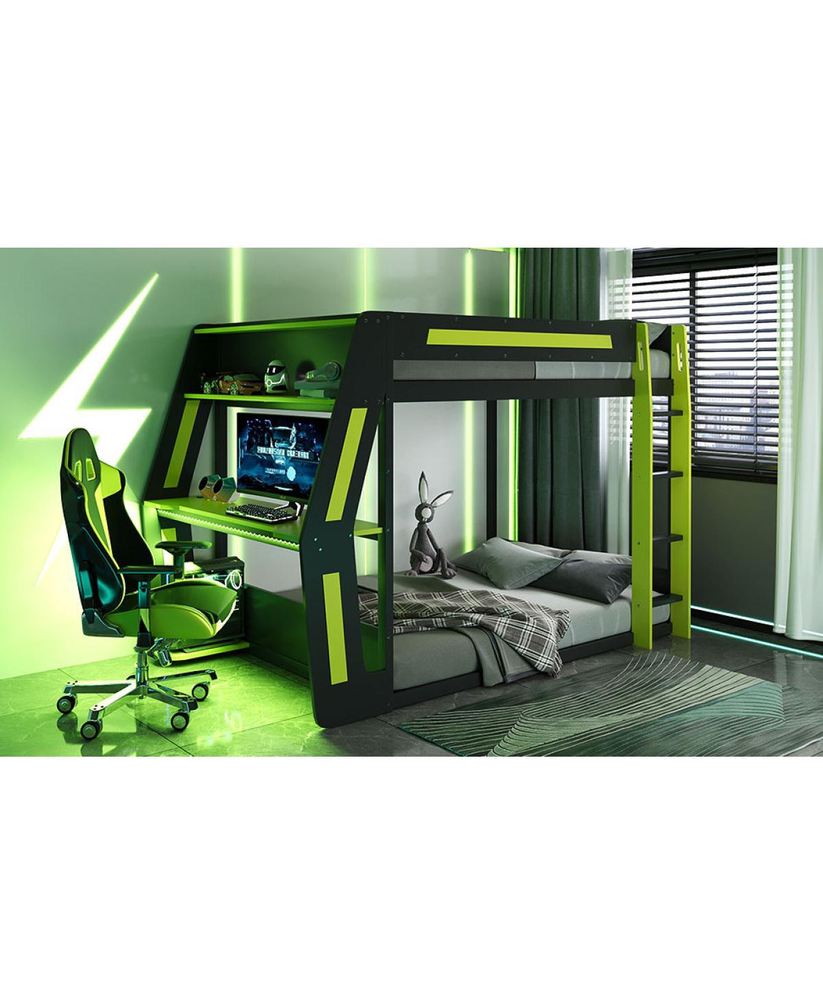 Streamdale Furniture Full-Size Gaming Bunk Bed with Rgb Desk, Usb Ports, Led Strip & Cable Grommet - Green