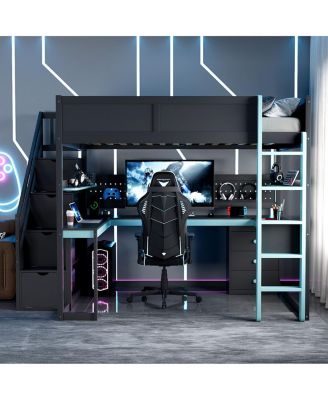 Full Size Wooden Gaming Loft Bed with Storage Stairs, Desk, Shelves & Pegboard, Black+Blue