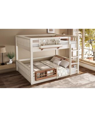 Queen Bunk Bed with Ladder, Guardrails, Pegboard & Bookshelf, Beige