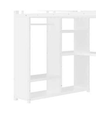 Queen Size Loft Bed Frame with Wardrobe, Desk & Shelves