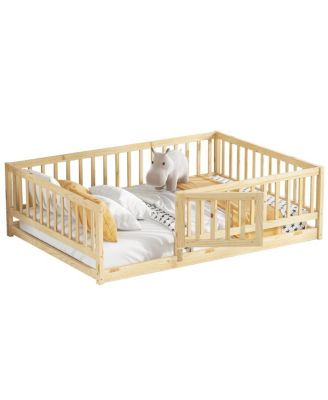 Full Size Montessori Floor Bed with Fence and Door, Oak
