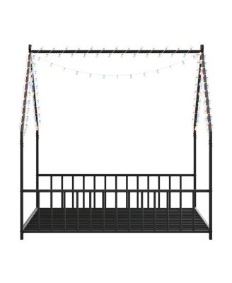 Children's Full Size Bed Frame with LED Lights, Roof-Shaped Iron, Black