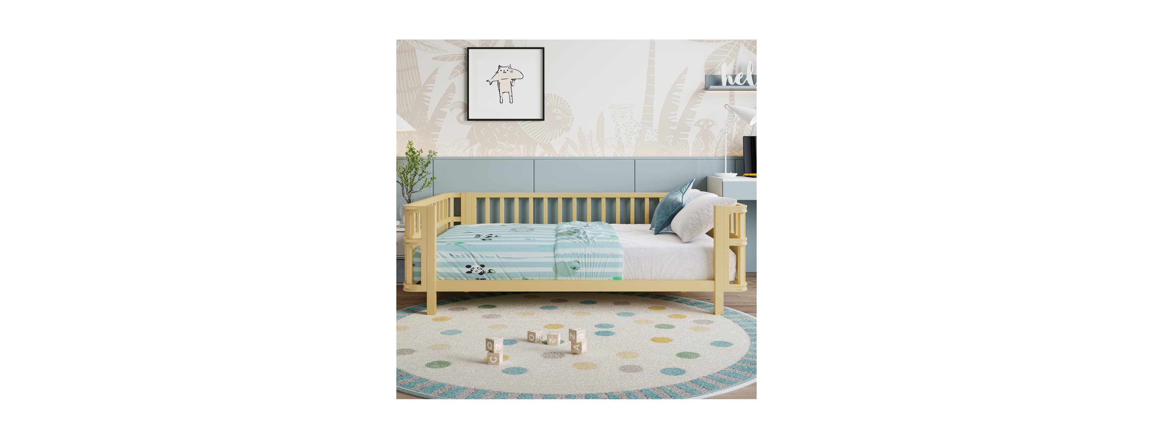 Streamdale Furniture Children's double wooden platform bed with railings, suitable for girls and boys