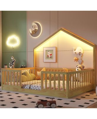 Full Floor Bed with High Rails, Wooden Montessori Bed with Light for Kids