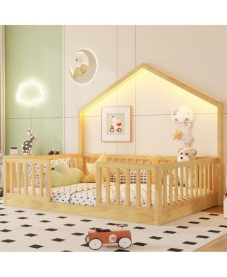 Full Floor Bed with High Rails, Wooden Montessori Bed with Light for Kids