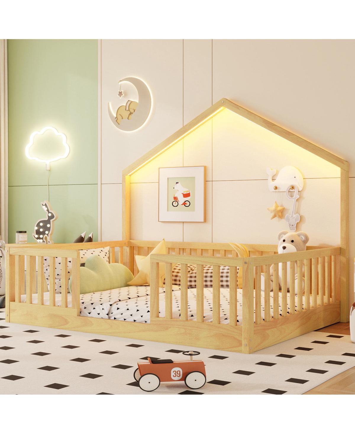 Streamdale Furniture Full Floor Bed with High Rails, Wooden Montessori Bed with Light for Kids