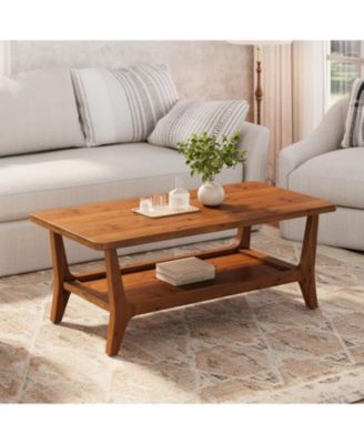 Solid Wood Coffee Table, 47-Inch Living Room Center Table with Shelf, 2-Tier, Smooth Corners, Child-Friendly, Easy Assembly