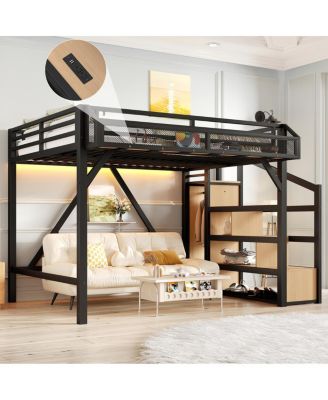 Full Loft Bed with Storage Stairs, Shelves, Wardrobe, USB, LED, Noise-Reduced