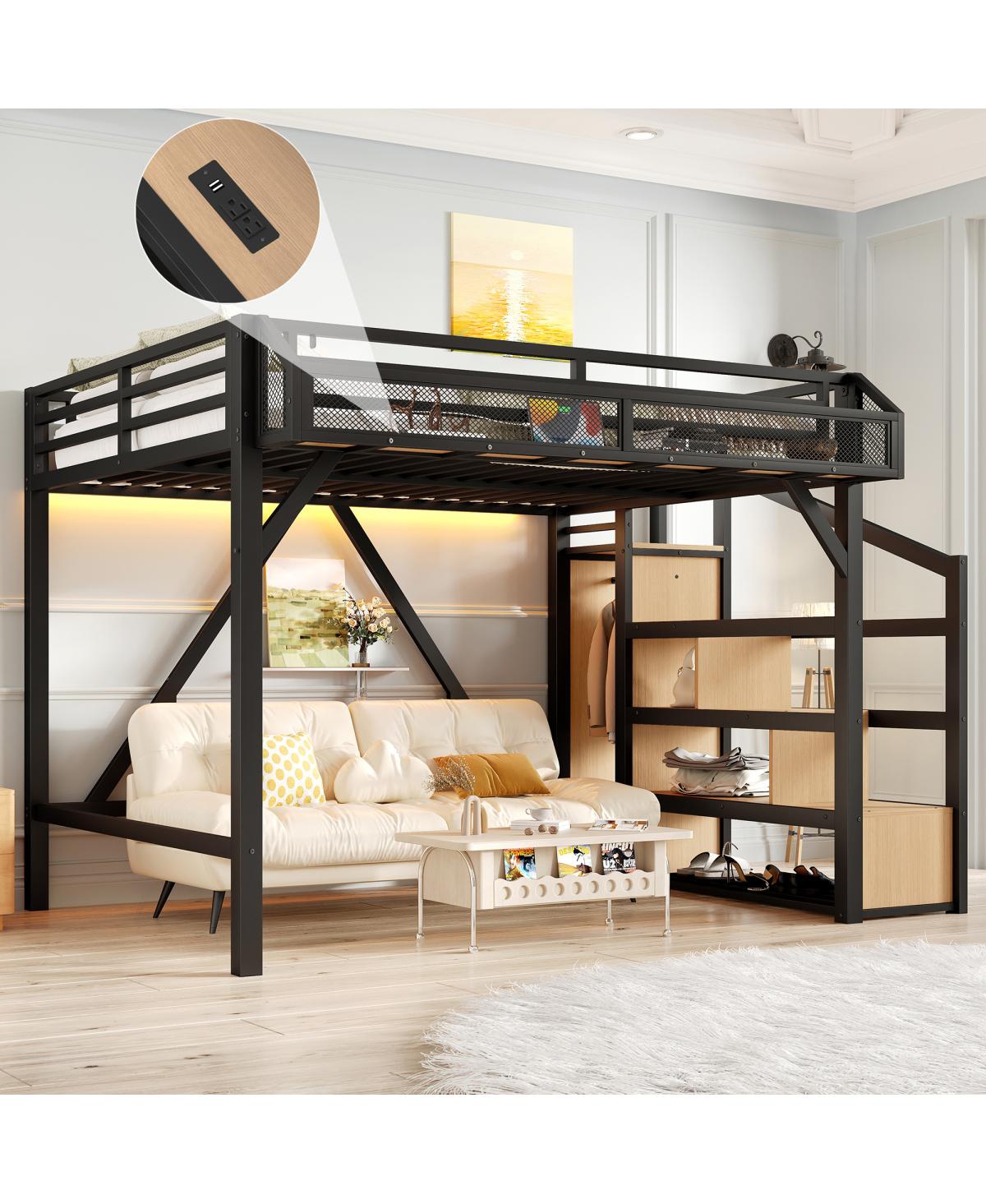 Streamdale Furniture Full Loft Bed with Storage Stairs, Shelves, Wardrobe, Usb, Led, Noise-Reduced