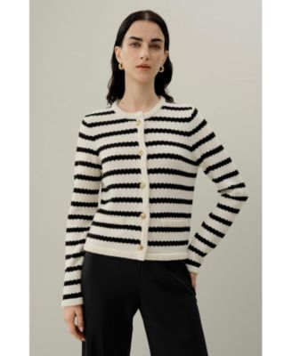 Women's Stripped Crochet Washable-Wool Cardigan