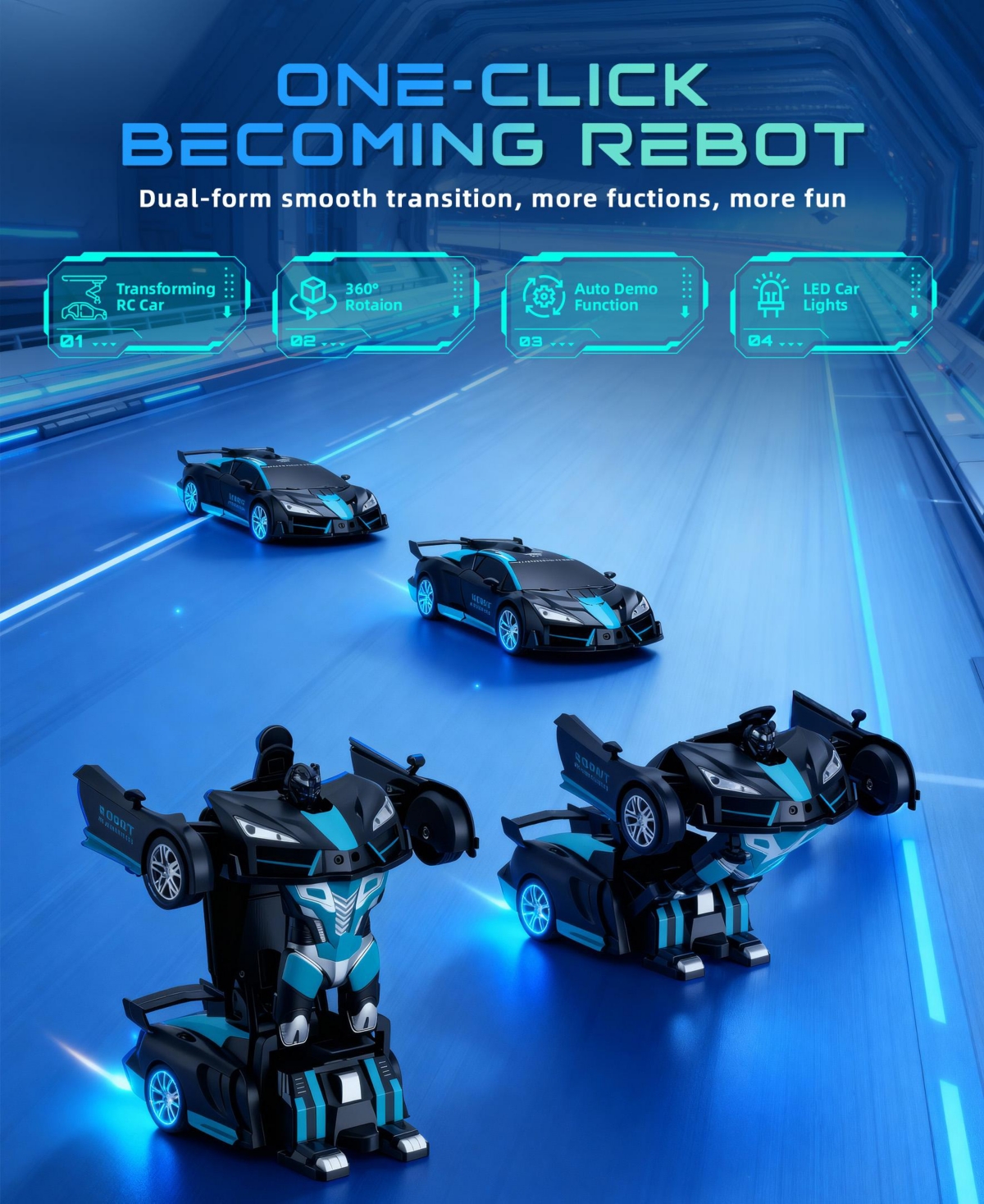 Sugift 1:18 Rc Transforming Robot Car with One-Click Deformation, 2.4GHz Led Lights, 360° Rotation & Demo Mode