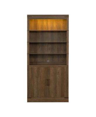 Streamdale Modern Bookshelf with Doors, 3-Tier Adjustable Shelves, LED Light, Walnut
