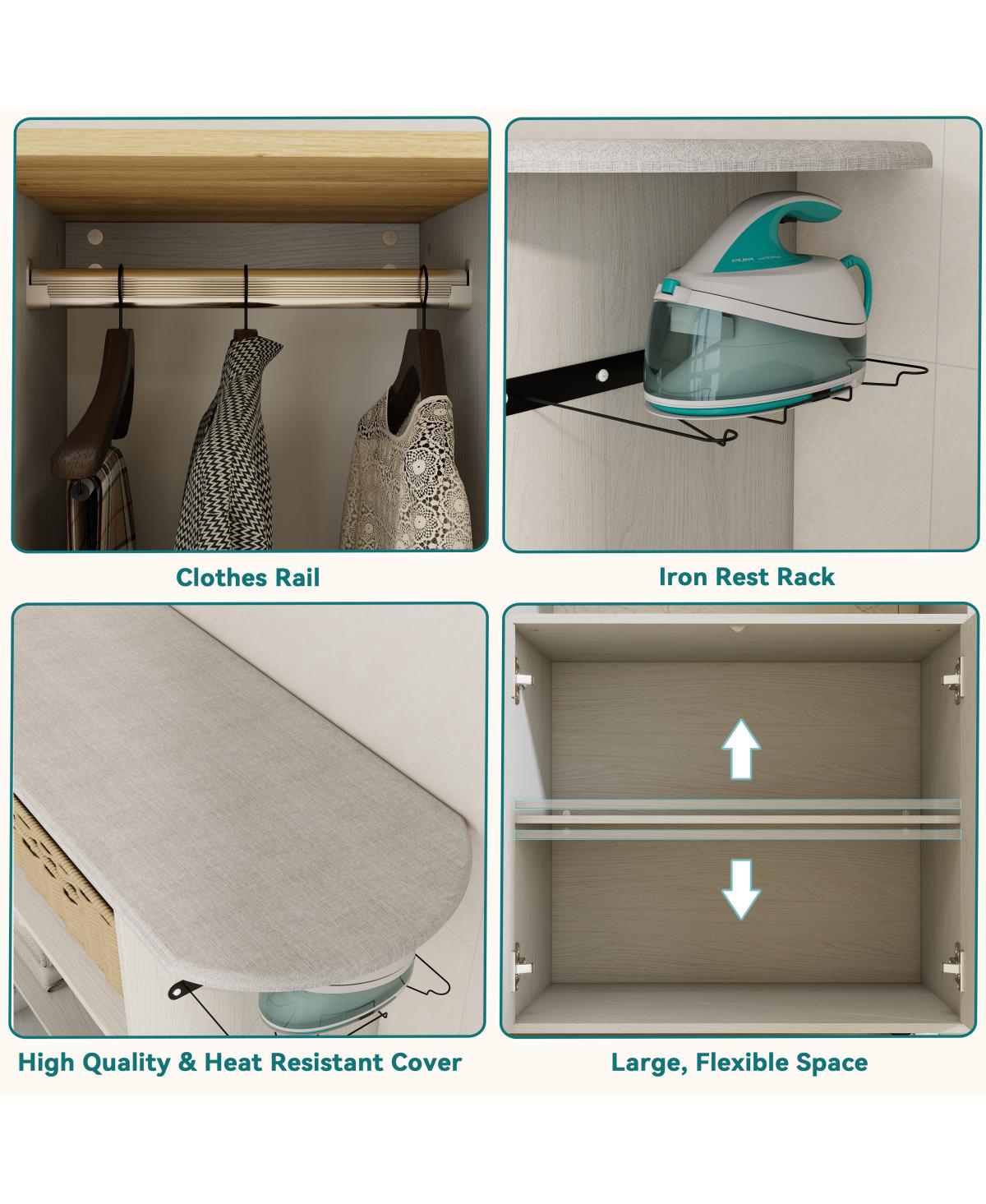 Streamdale Furniture Ironing Cart with Rolling Board, Multipurpose Cabinet with Wheels & Shelf