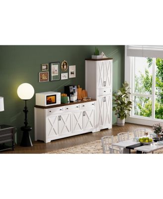 TV Cabinet Set: 113.5"W Wall Unit with 2 Sideboards, White/Walnut