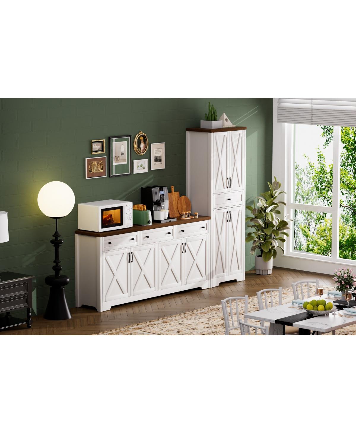 Streamdale Furniture Tv Cabinet Set: 113.5"W Wall Unit with 2 Sideboards, White/Walnut