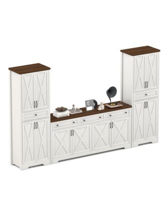 TV Cabinet Set: 113.5"W Wall Unit with 2 Sideboards, White/Walnut