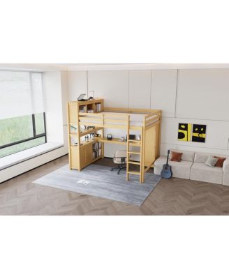  Wood Loft Bed with Cabinet, Bookshelf, Wardrobe & Desk, Queen Size