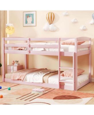 Twin over Twin Low Bunk Bed with Guardrails Integrated Ladder Kids Wooden